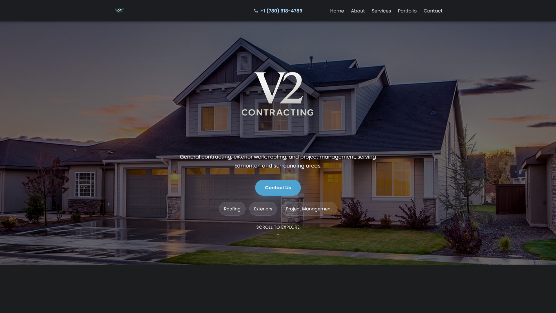 Homepage of V2 Contracting, a general contractor website built by AlpinePages